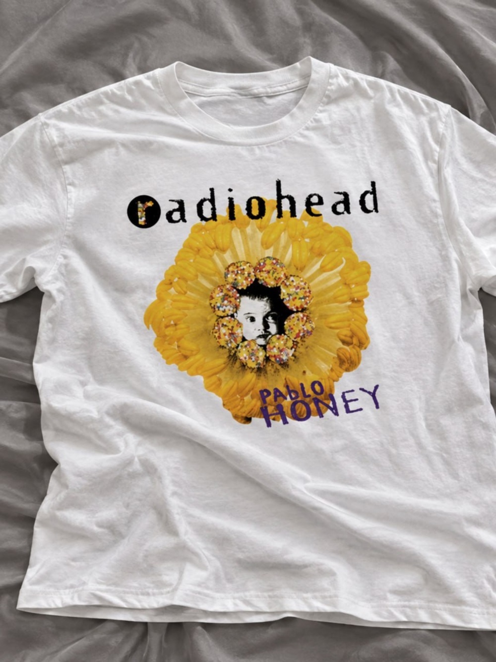 Yellow Floral Radiohead Pablo Honey Gildan White Tee